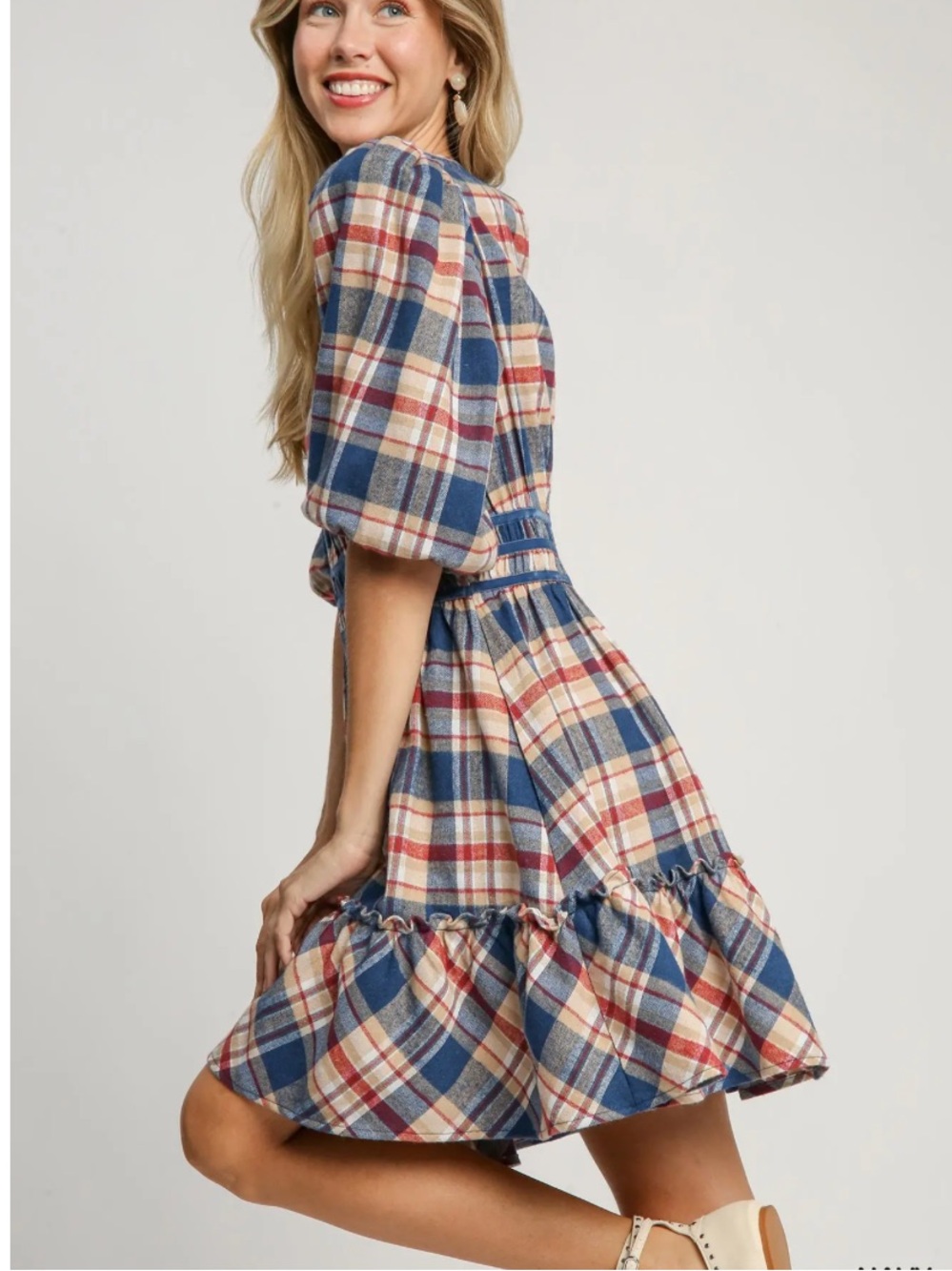 Umgee Plaid Puff Sleeve Mini Dress NWT | Americana Picnic Cottagecore - Picture 4 of 8